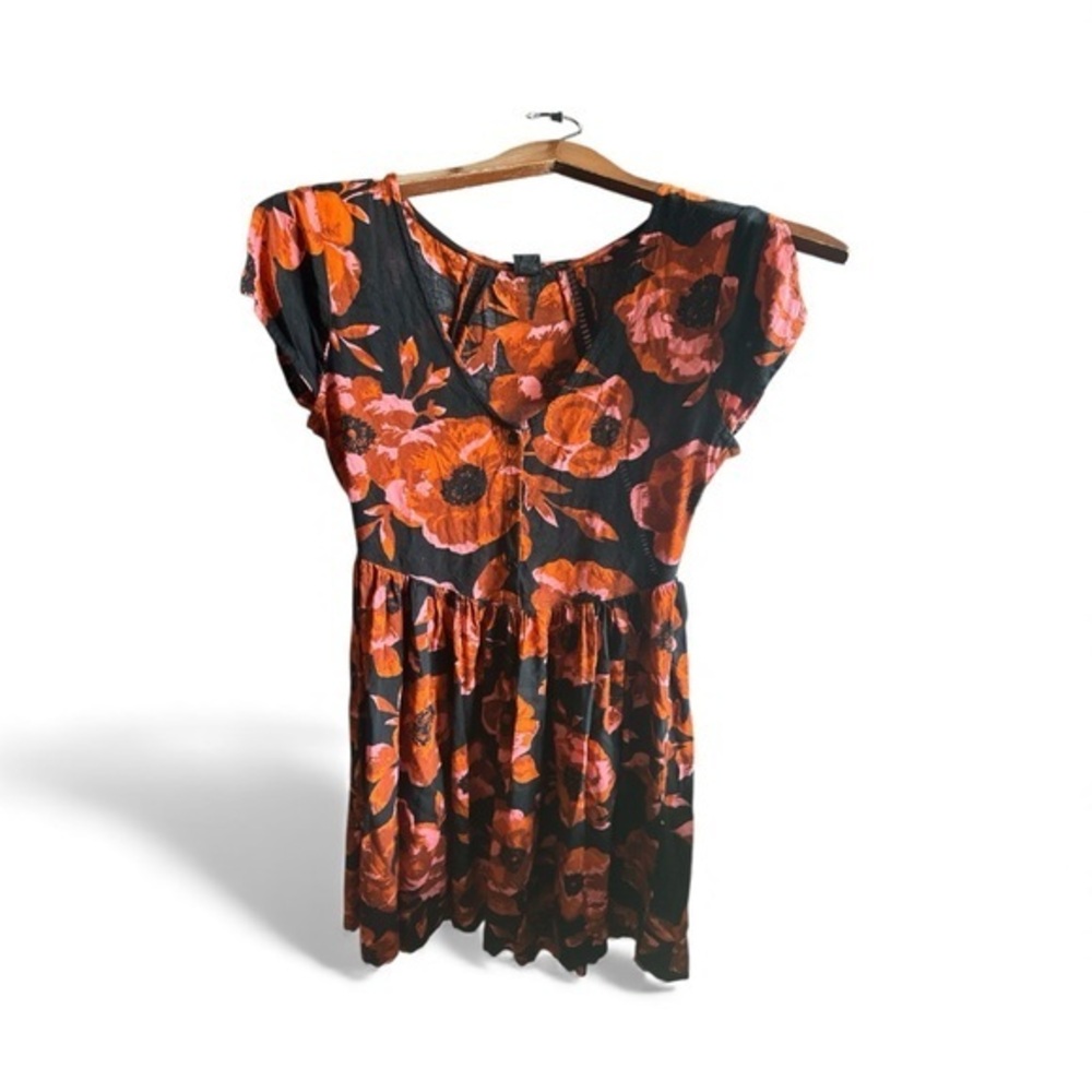 Volcom Black and Red Floral Mini Dress Boho 1/4 Button Cottagecore Beach Resort